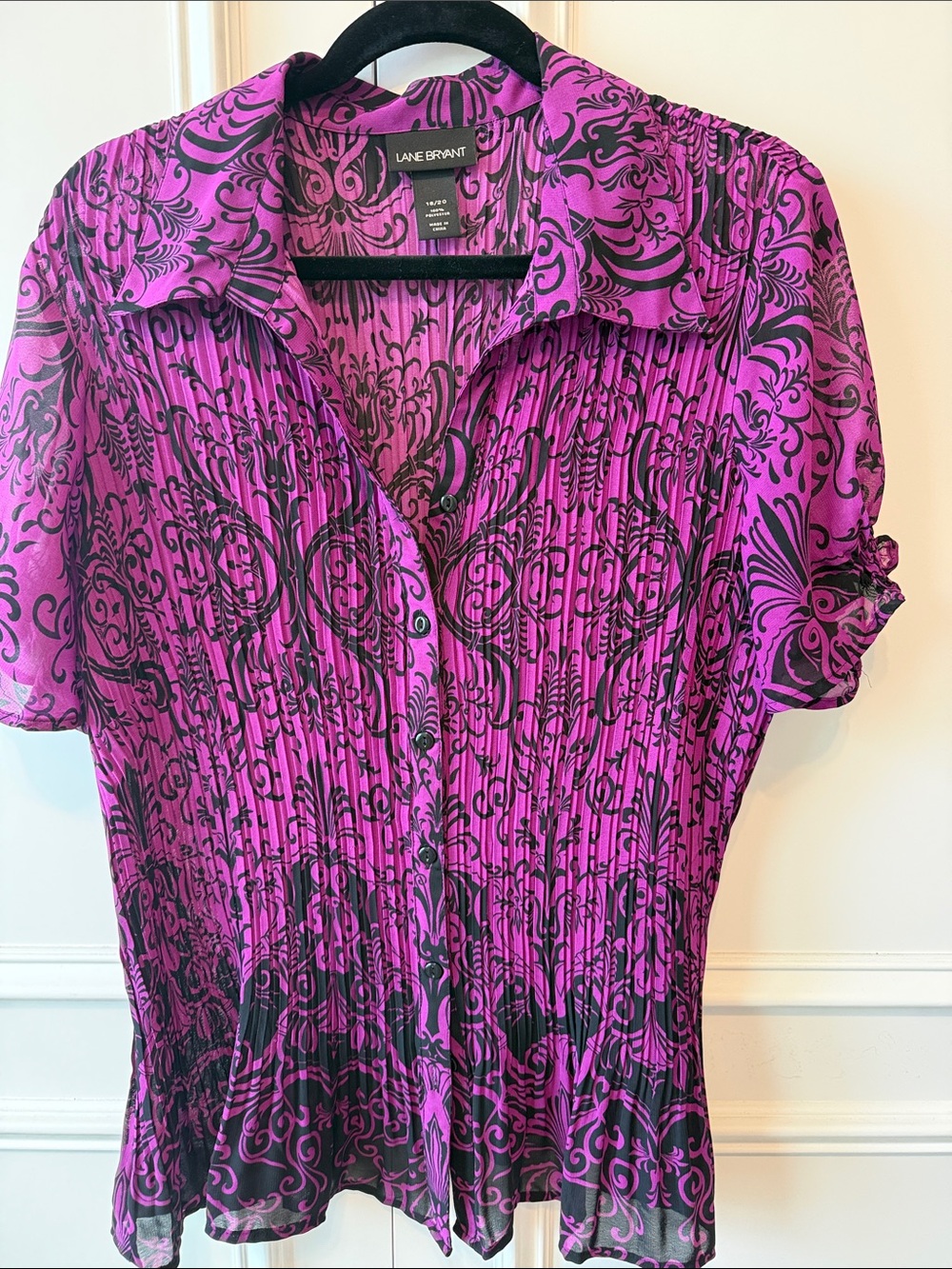 Lane Bryant Fuchsia and Black Scroll-Print Blouse